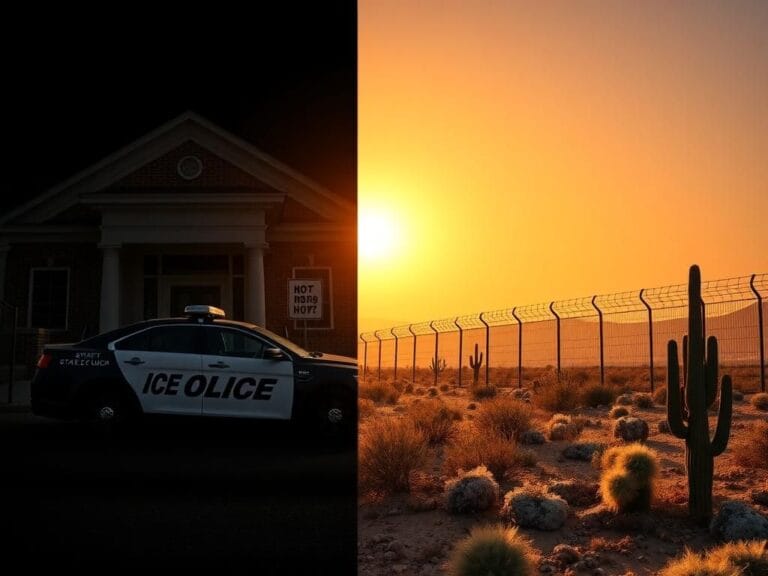 Flick International A split scene illustrating contrasting themes of immigration policy, with a dark Pennsylvania setting on the left and a bright New Mexico landscape on the right.