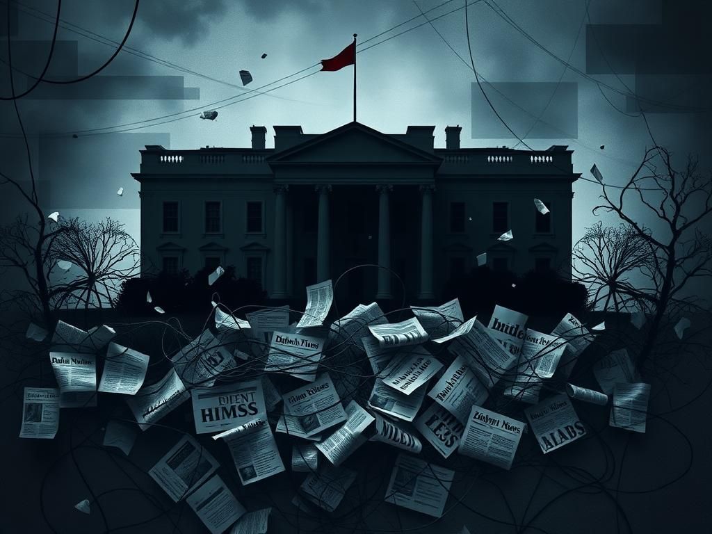 Flick International Dimly lit abstract depiction of tangled communication lines symbolizing miscommunication in the White House