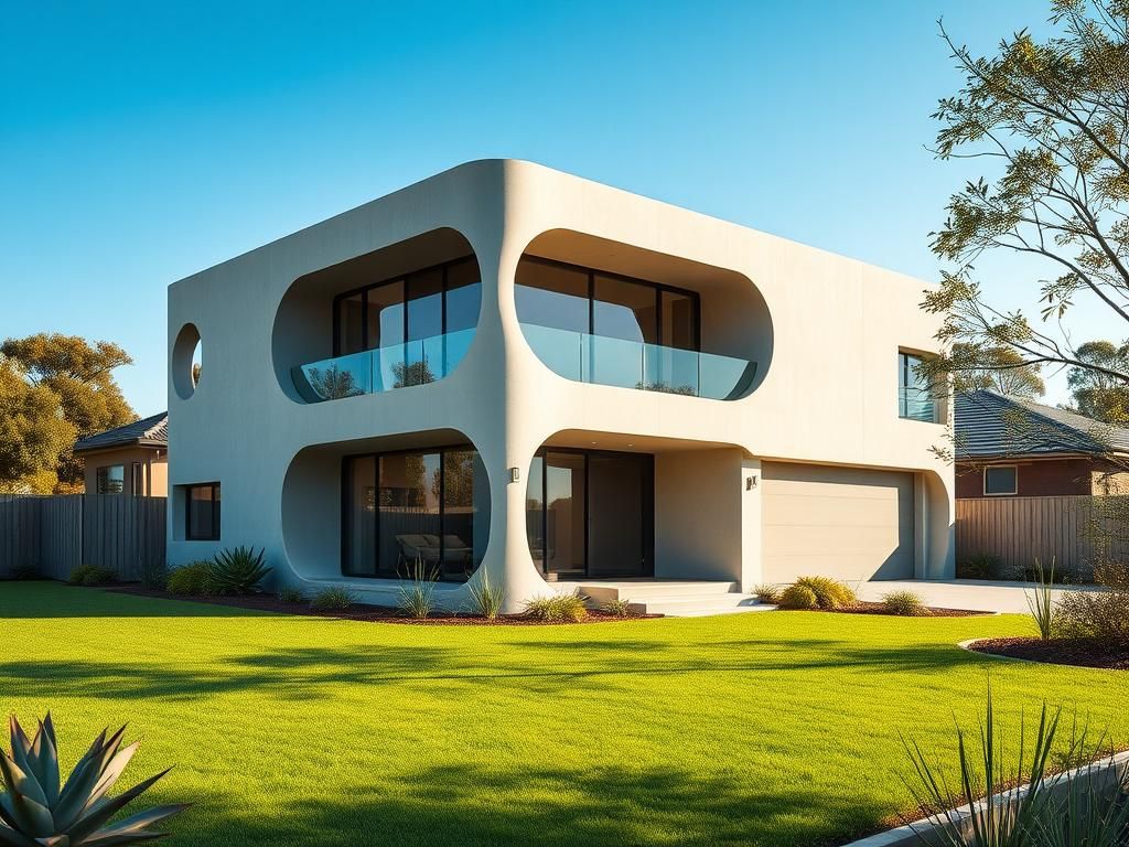 Flick International Modern two-story 3D-printed concrete home in Western Australia surrounded by lush greenery