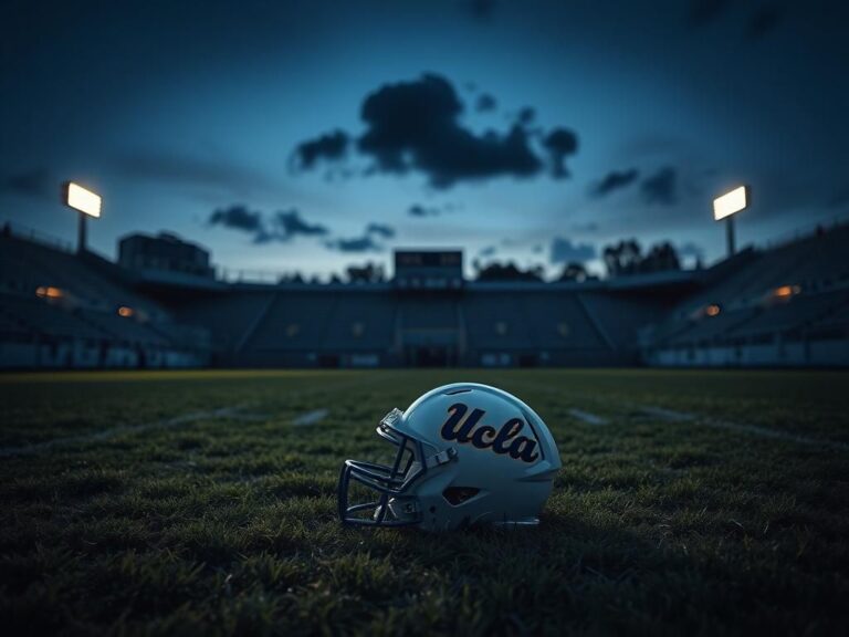 Flick International Abandoned football helmet on a dimly lit UCLA field at dusk