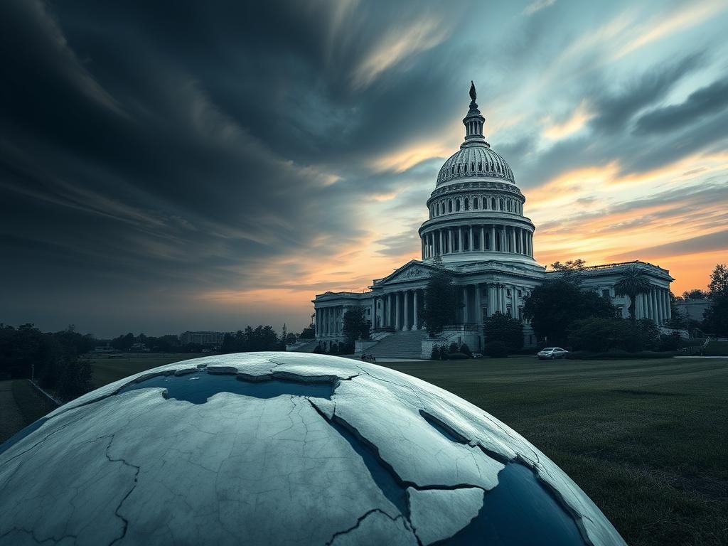 Flick International A symbolic representation of political influence fading, featuring a crumbling Capitol building overrun with vines and a cracked globe in the foreground.