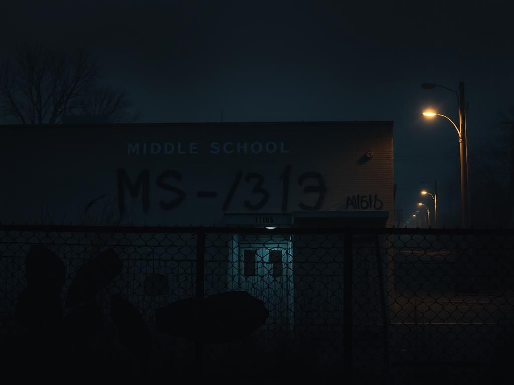 Flick International Dimly lit urban environment with middle school building and chain-link fence emphasizing vulnerability