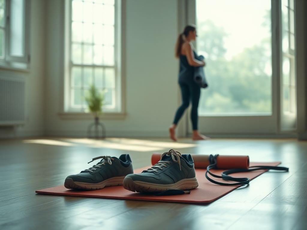 Flick International Empty yoga studio with worn sneakers and yoga mat, suggesting a theft.