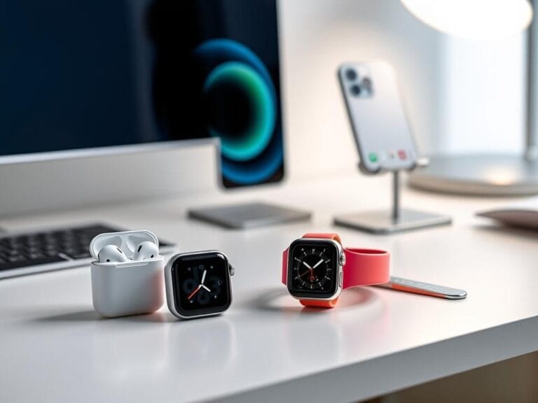 Flick International Workspace featuring the latest Apple AirPods Pro 3 and colorful Apple Watches arranged elegantly on a minimalist desk.