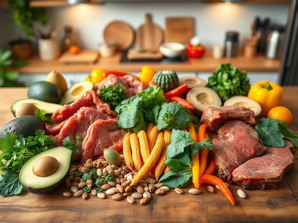Flick International Overhead view of a colorful assortment of ketogenic foods arranged on a rustic wooden table.