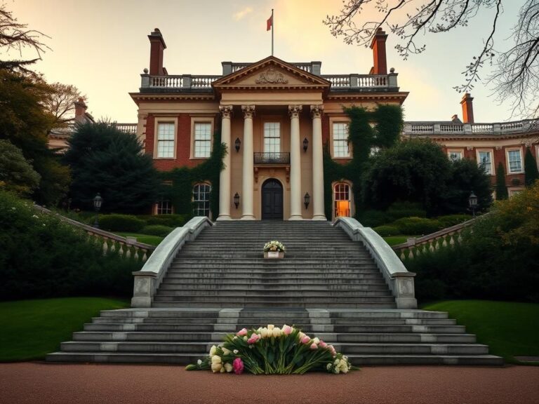 Flick International Serene scene of Clarence House with lush greenery and flowers, symbolizing hope and reconciliation.