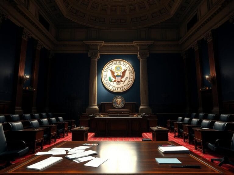 Flick International Grand empty U.S. Senate chamber with polished wooden desk and scattered documents