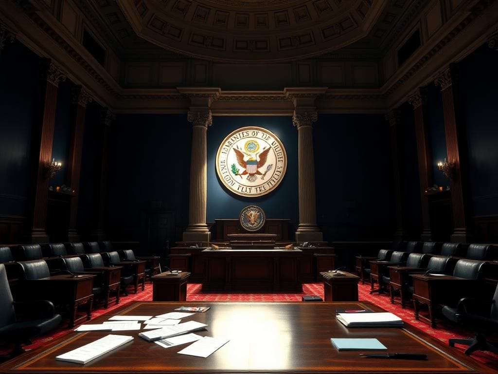 Flick International Grand empty U.S. Senate chamber with polished wooden desk and scattered documents