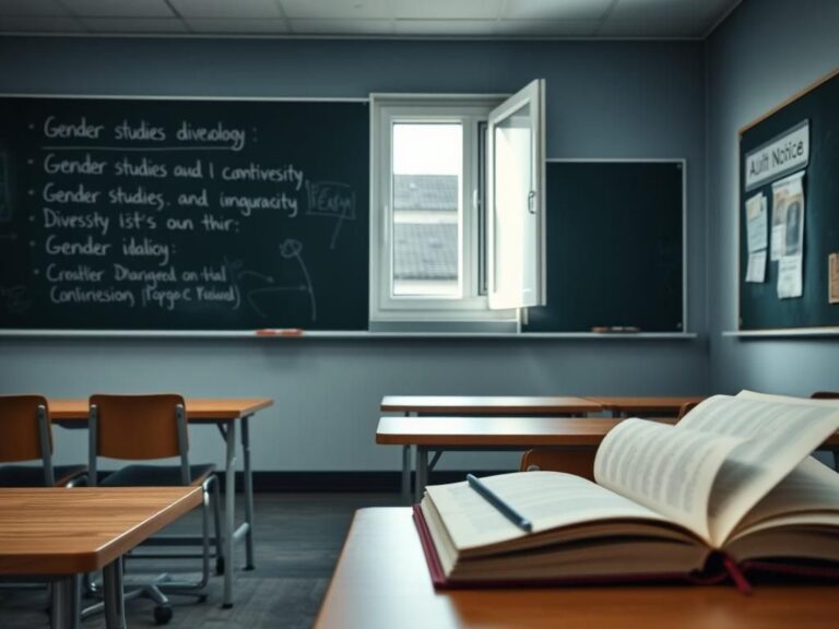 Flick International University classroom setting with empty desks and chairs highlighting gender studies and diversity topics