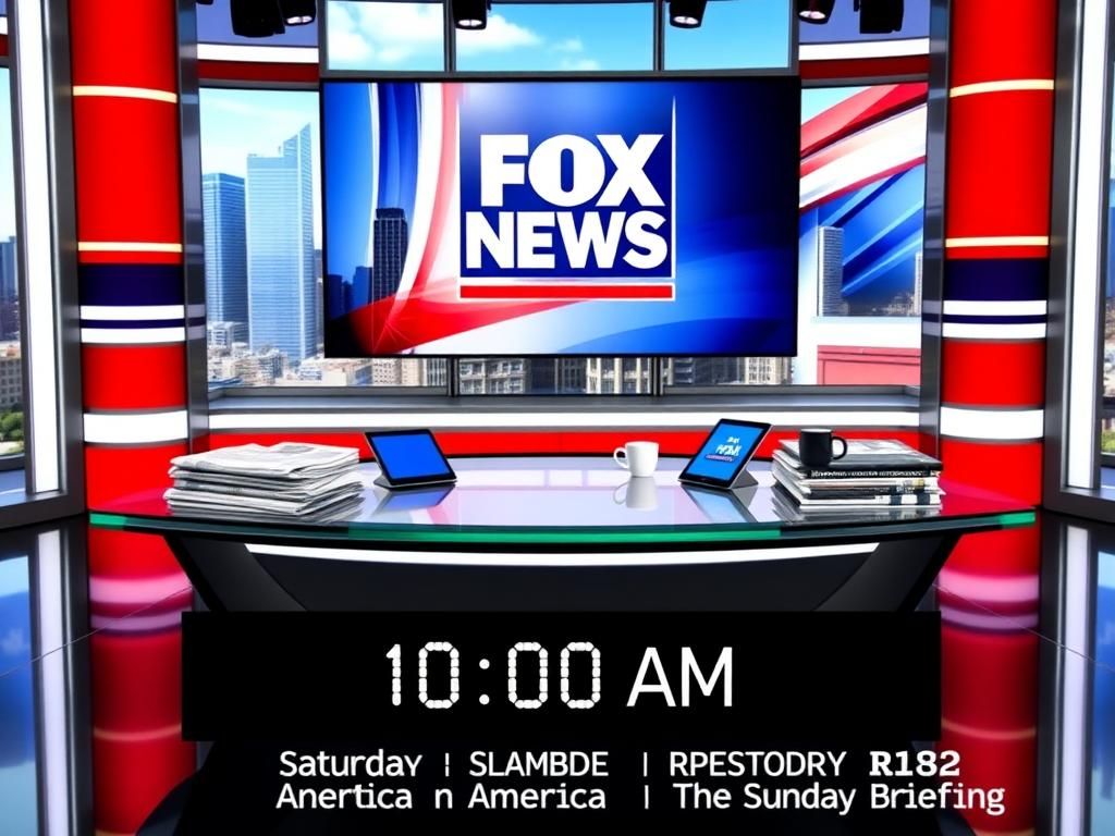 Flick International A modern television studio featuring the Fox News logo with a dynamic city skyline backdrop