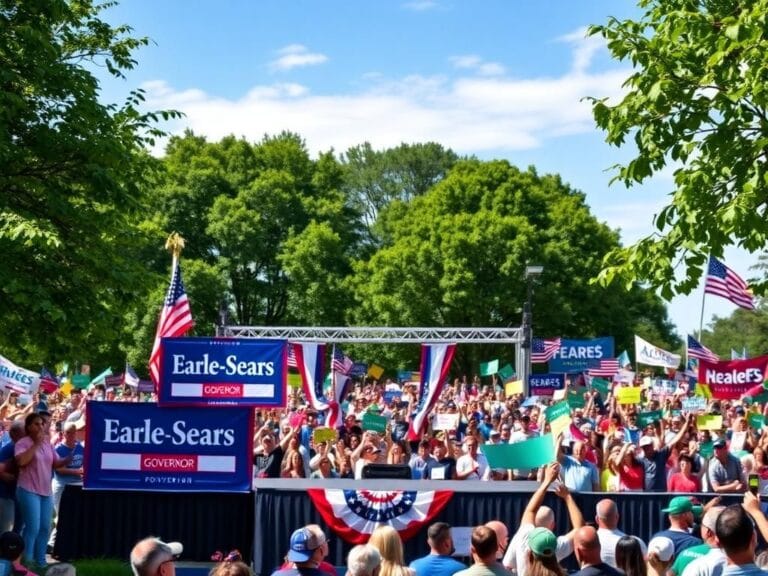 Flick International A vibrant political rally scene in Chesterfield, Virginia, supporting Winsome Earle-Sears for governor.