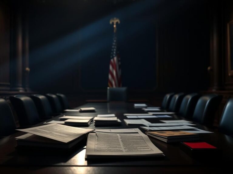 Flick International Somber meeting room with documents labeled 'Epstein Case' and a dramatic window light