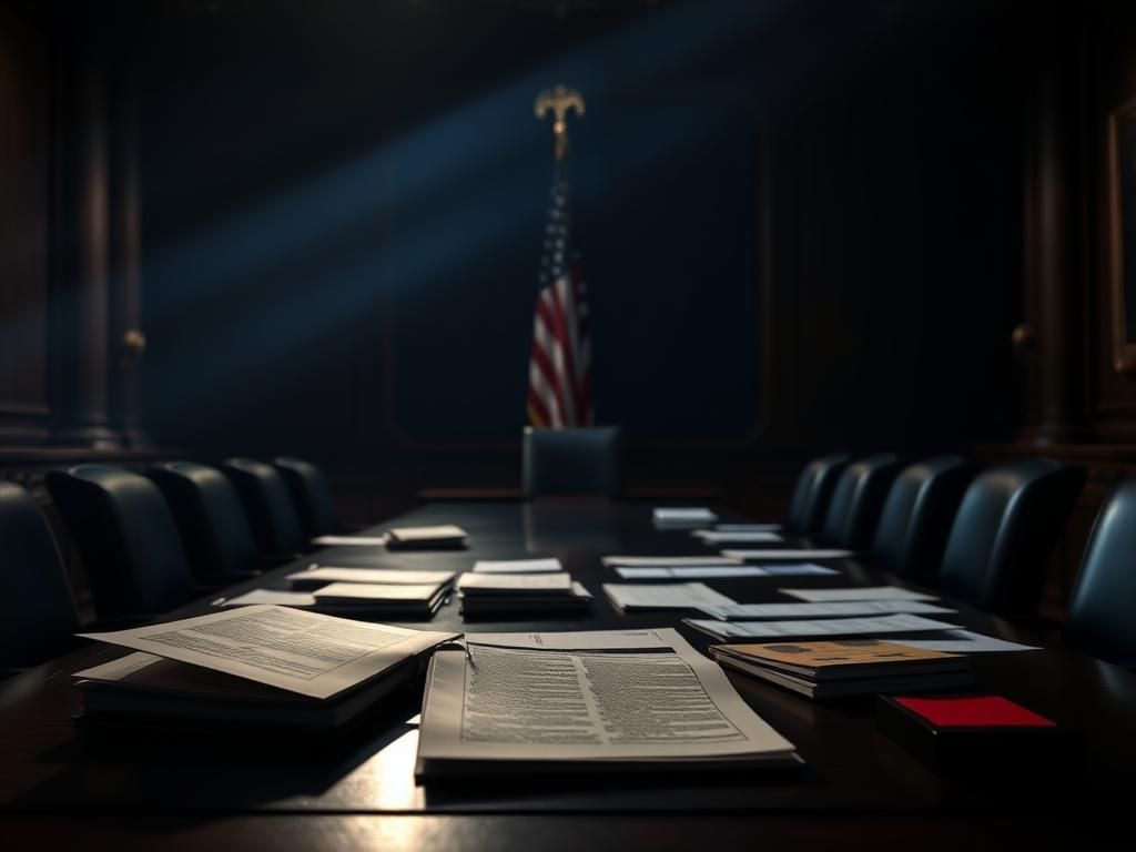 Flick International Somber meeting room with documents labeled 'Epstein Case' and a dramatic window light