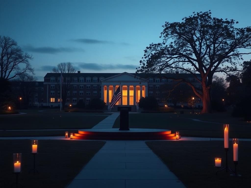 Flick International Serene landscape of a university campus at dusk, symbolizing hope and prayer for Charlie Kirk.