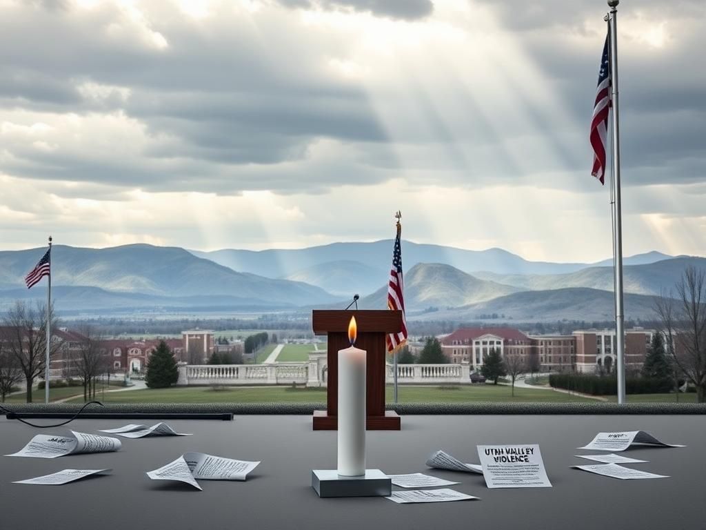 Flick International A somber image of an empty podium at Utah Valley University symbolizing democracy and political discourse
