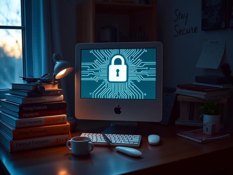 Flick International Cozy home office with an older Mac computer and digital security symbols