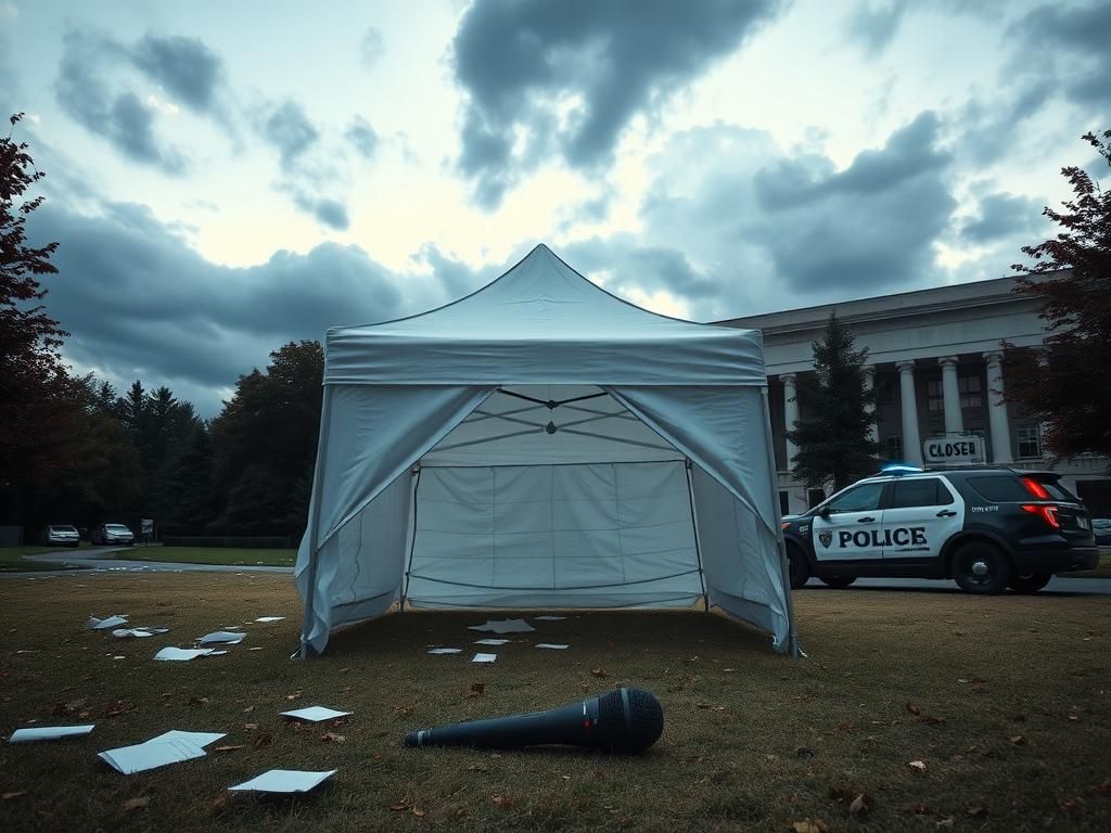 Flick International Empty white pop-up tent on a university campus surrounded by scattered papers and a fallen microphone, indicating a recent disturbance.