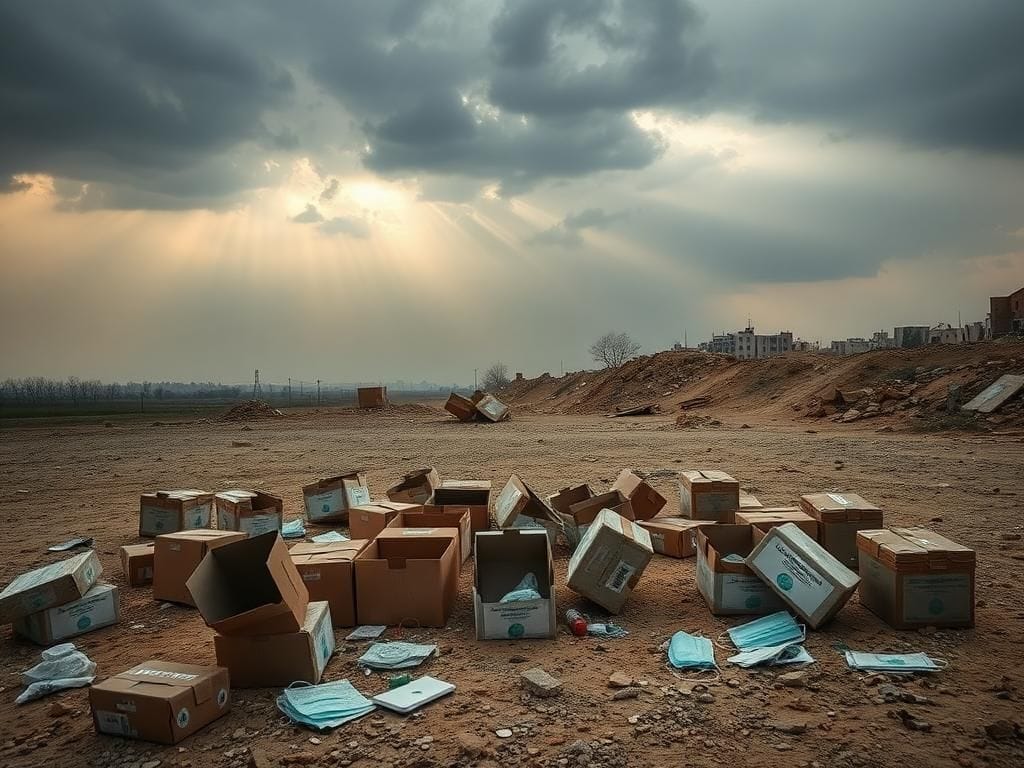 Flick International Abandoned food distribution boxes at a humanitarian aid site in Gaza