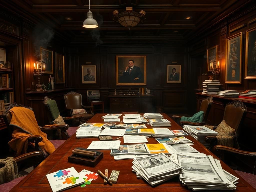Flick International A dimly lit room depicting political intrigue with documents on DEI initiatives