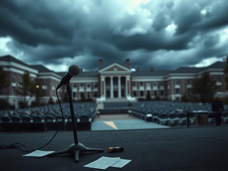 Flick International Empty microphone on a stand at a chaotic university event scene