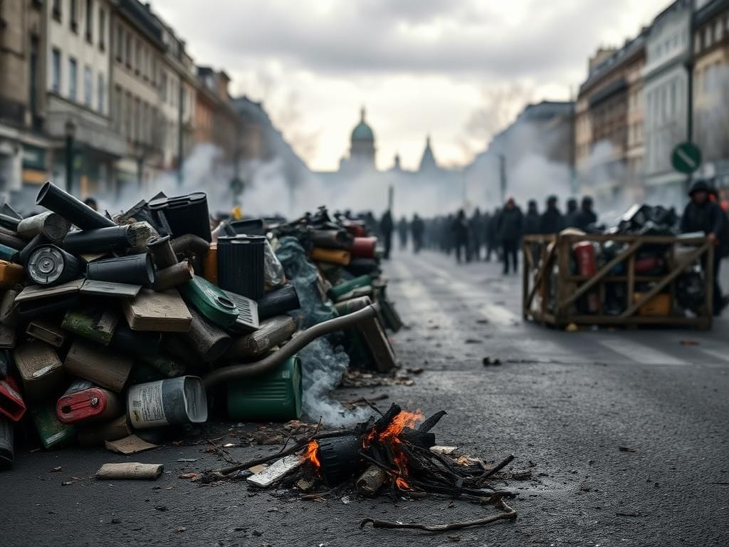 Flick International Dramatic urban scene of the 'Block Everything' protests in France with barricades and smoke