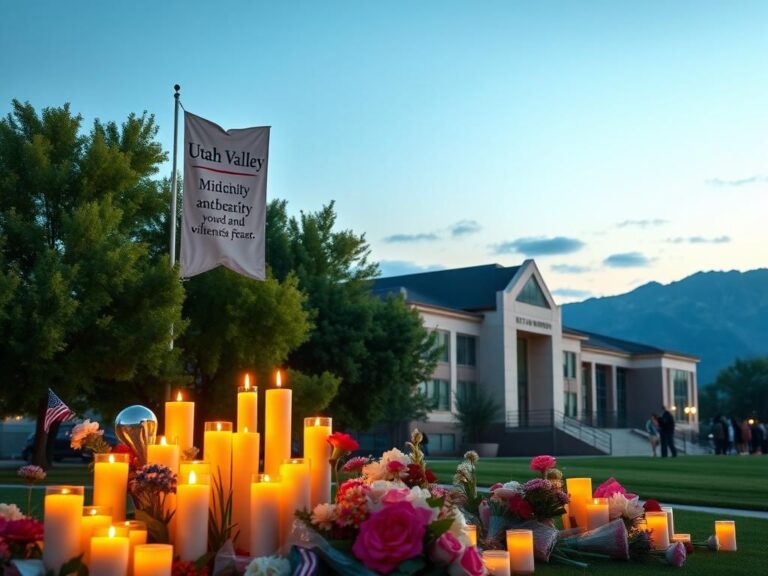 Flick International Serene exterior of Utah Valley University at twilight, with memorial candles and flowers in foreground