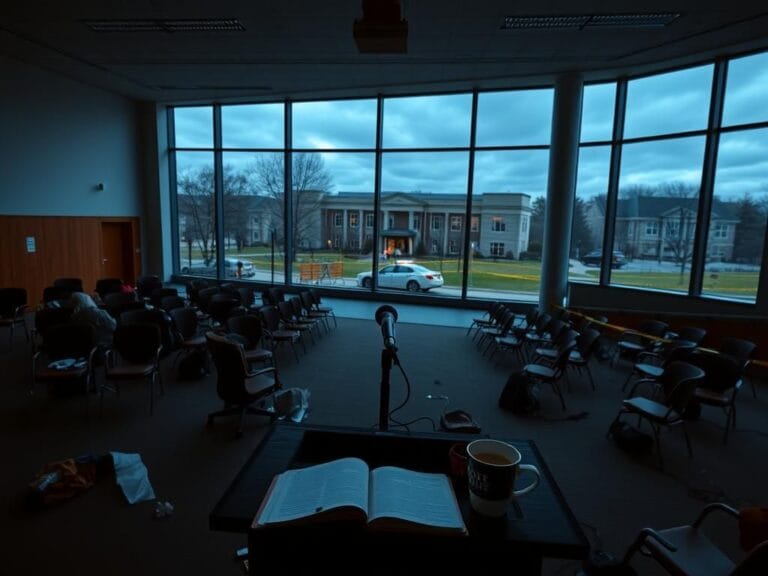 Flick International Empty lecture hall at Utah Valley University post-shooting, highlighting chaos and urgency.