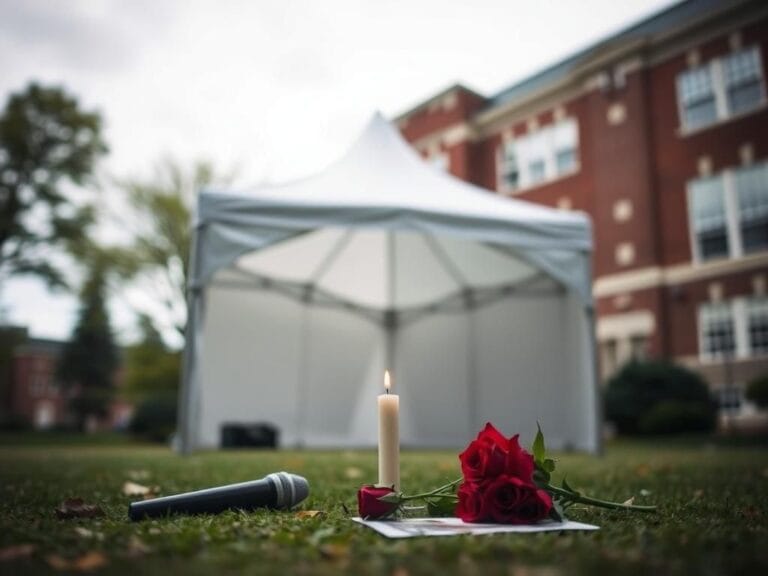 Flick International Outdoor scene at Utah Valley University with a white pop-up tent and memorial items after the tragic shooting of Charlie Kirk