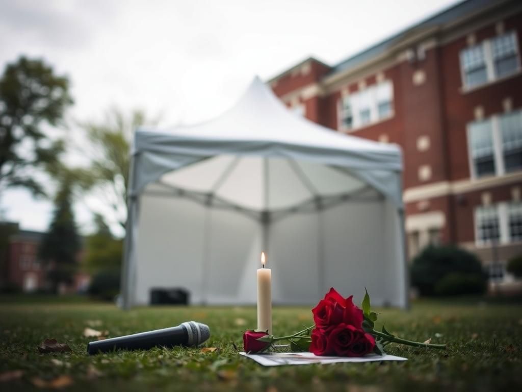 Flick International Outdoor scene at Utah Valley University with a white pop-up tent and memorial items after the tragic shooting of Charlie Kirk