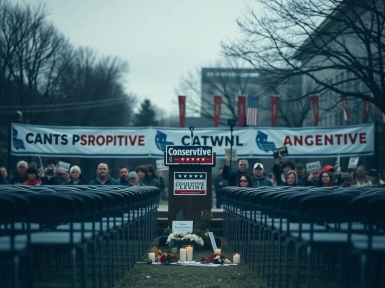 Flick International A somber university campus scene with a podium and empty chairs reflecting on a tragic political event.