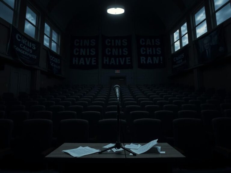 Flick International Empty university lecture hall with vacant chairs and an abandoned microphone, symbolizing urgency and chaos.