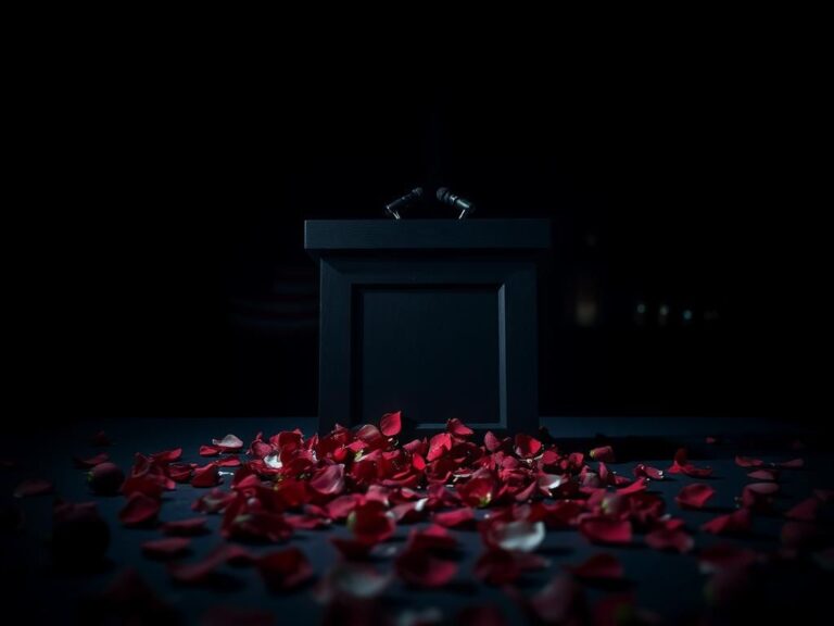 Flick International A solemn scene of a shattered podium surrounded by scattered rose petals, symbolizing mourning in political discourse.