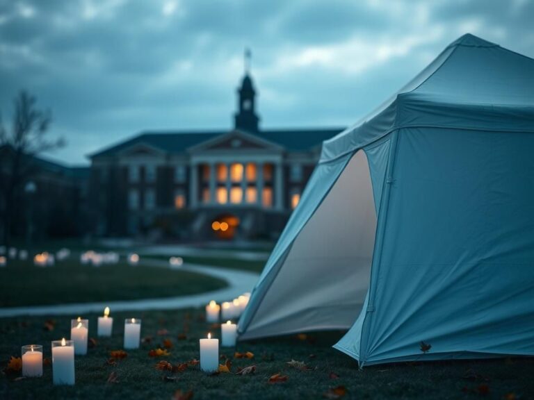 Flick International A somber memorial scene with a white tent and flickering candles outside a university campus