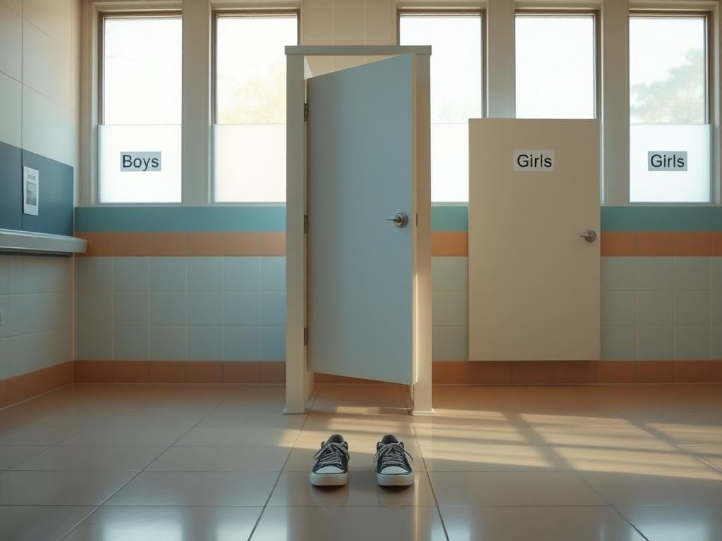 Flick International Serene public school bathroom showing inclusivity with stalls labeled 'Boys' and 'Girls'.