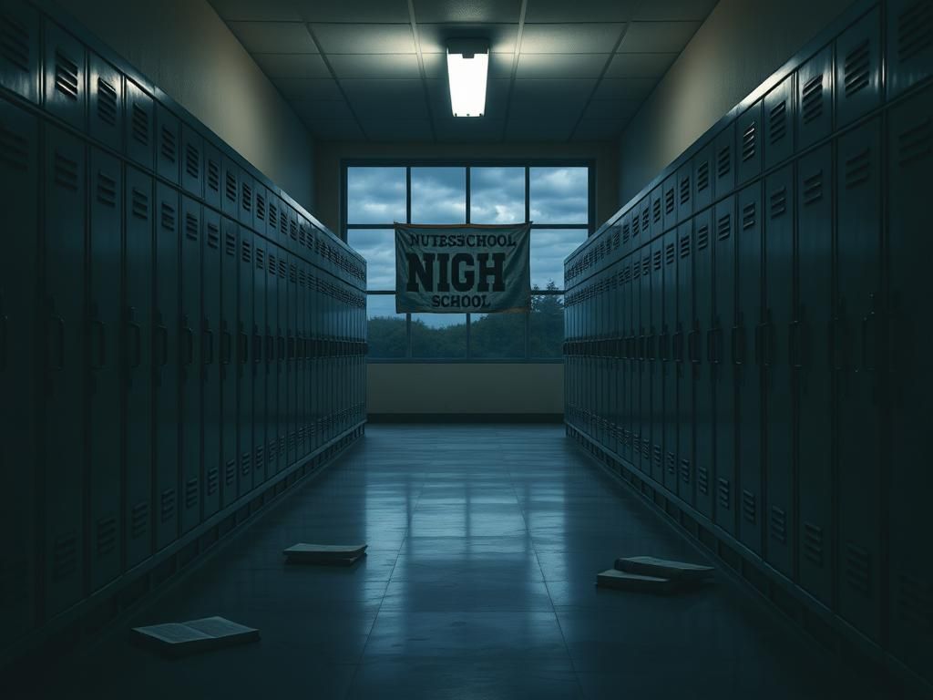 Flick International Dimly lit high school hallway with empty lockers and scattered supplies