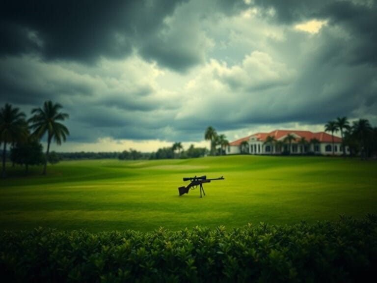 Flick International A golf course in West Palm Beach with a rifle silhouette behind shrubbery, symbolizing tension.