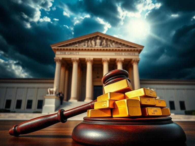 Flick International A dramatic courtroom scene depicting the facade of the D.C. Circuit Court building with gold bars on a gavel