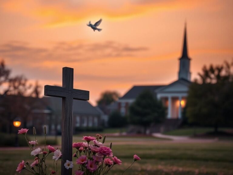 Flick International Serene university campus at dusk with a wooden cross and blooming flowers symbolizing faith and hope