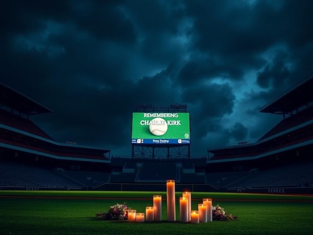 Flick International Dimly lit baseball stadium with empty seats and a scoreboard honoring Charlie Kirk