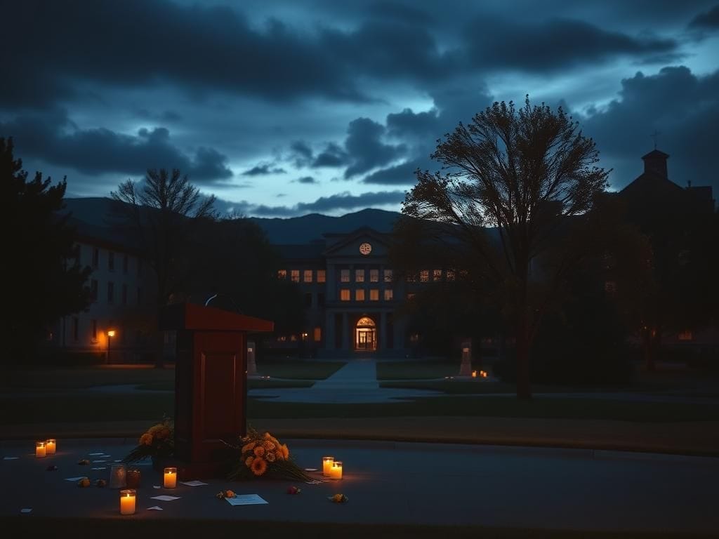 Flick International A solemn university campus at twilight with an empty podium adorned with flowers.