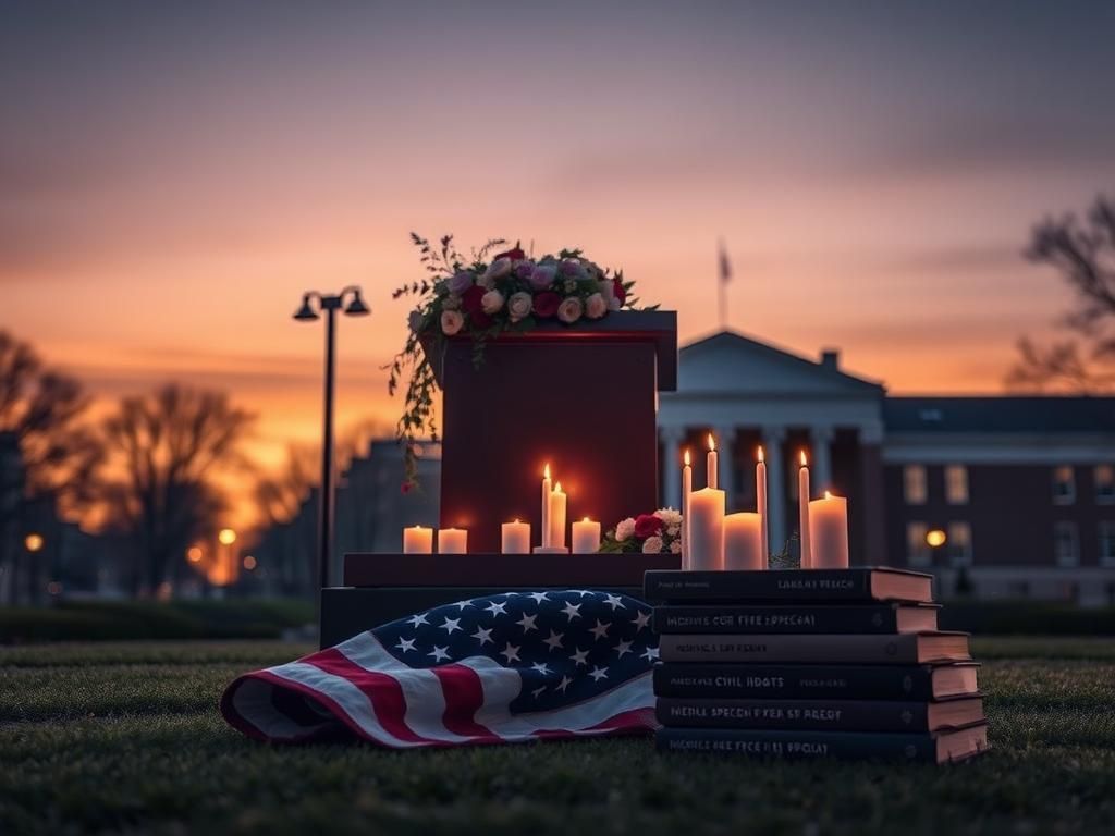 Flick International Empty podium with flowers and candles at university campus memorializing Charlie Kirk