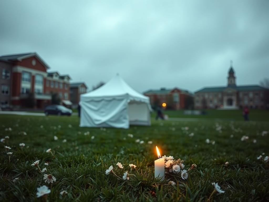 Flick International Scene at Utah Valley University with a pop-up tent and somber ambiance after the shooting of Charlie Kirk