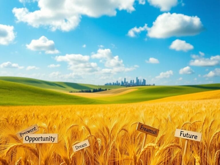 Flick International Vibrant landscape of rolling green hills under a bright blue sky, symbolizing the American Dream.