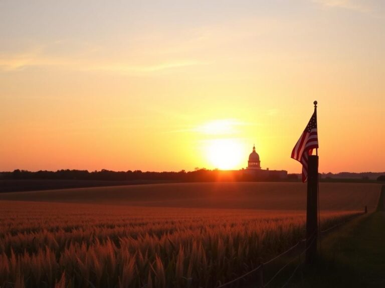 Flick International Serene Iowa landscape with sunset and American flag