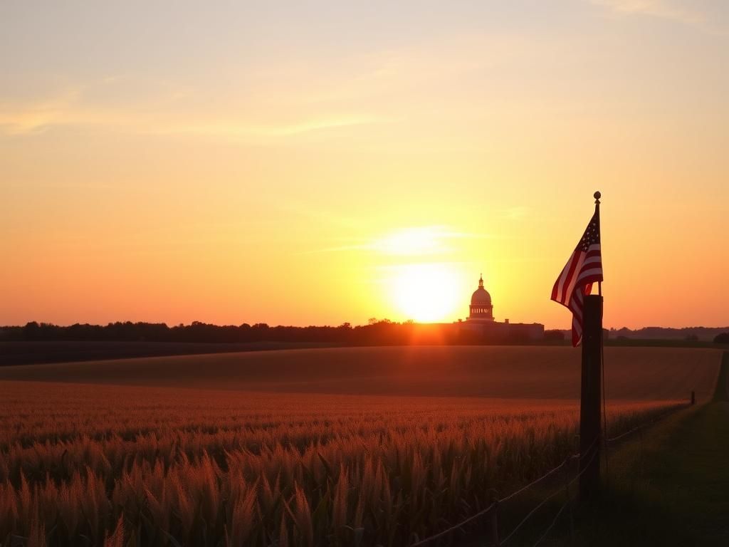 Flick International Serene Iowa landscape with sunset and American flag