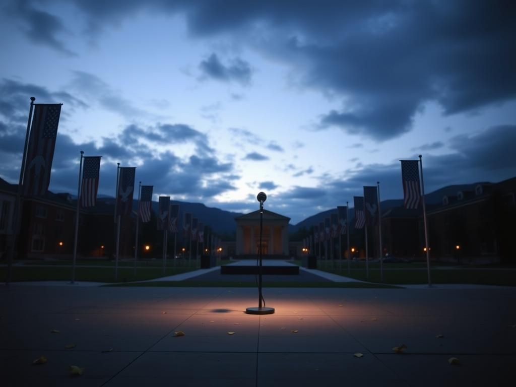 Flick International Empty university campus at dusk with an illuminated microphone symbolizing Charlie Kirk's silenced voice