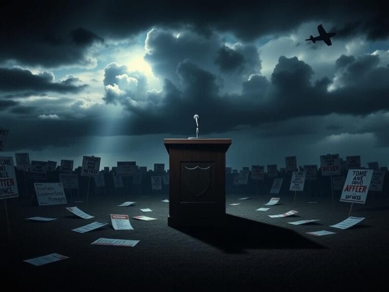 Flick International Empty podium with a microphone, surrounded by scattered pamphlets and protest signs in a dark, overcast atmosphere.