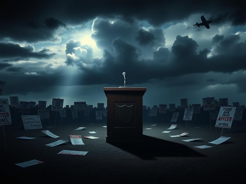 Flick International Empty podium with a microphone, surrounded by scattered pamphlets and protest signs in a dark, overcast atmosphere.