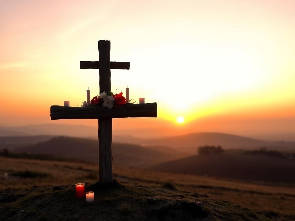 Flick International A majestic sunrise over a serene rural landscape with a wooden cross as a tribute