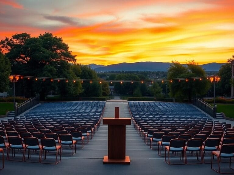 Flick International A serene sunset view of an empty amphitheater on a university campus, featuring a wooden cross in the foreground.
